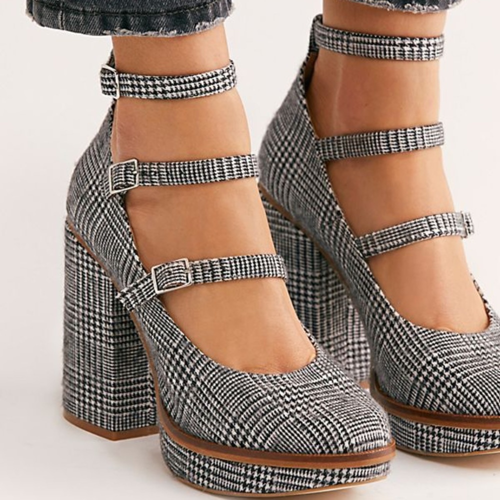 Free People - NEW - Plaid Strappy Mary Jane Platform Heels - Size 37 - Rare